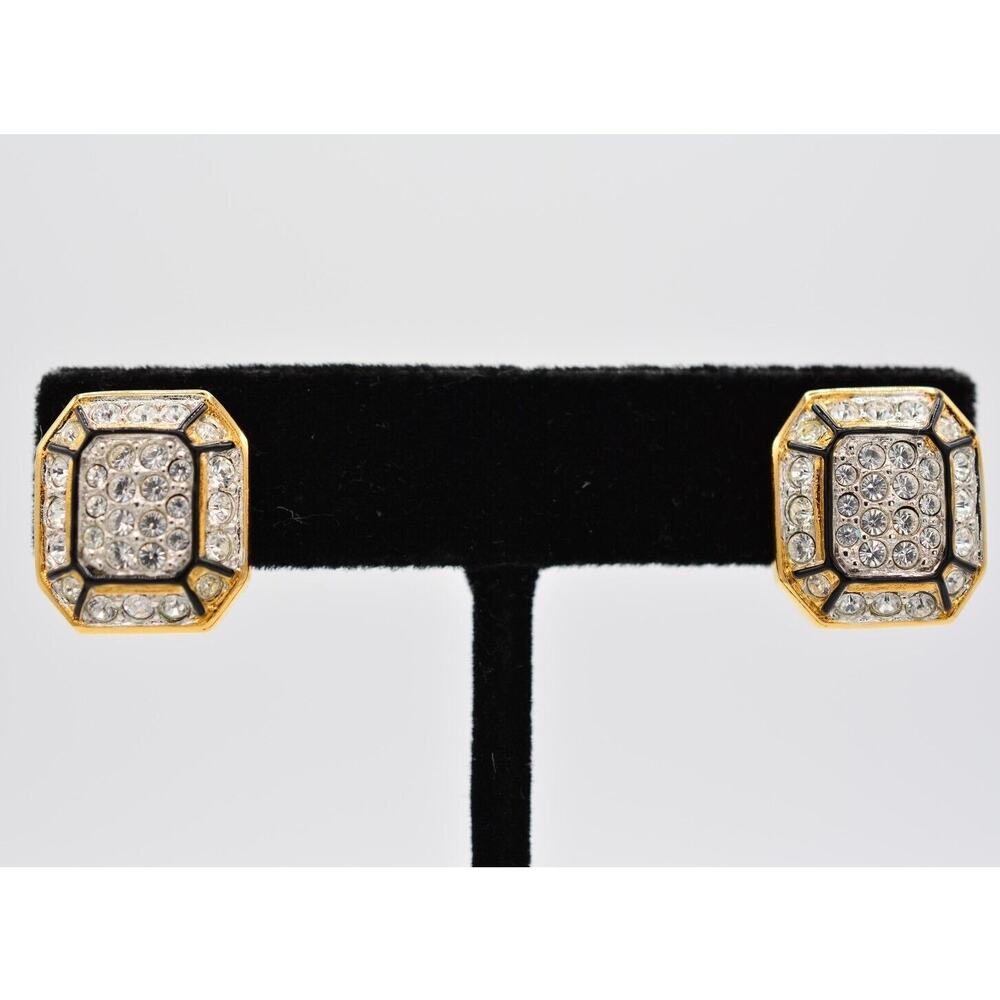 Swarovski Vintage Crystal Clip On Earrings Rhinestone Black Gold Swan Signed 9D
